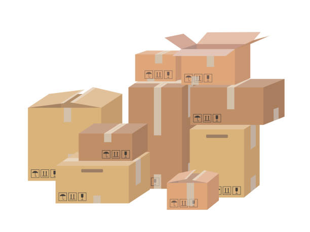 illustrazioni stock, clip art, cartoni animati e icone di tendenza di confezione di consegna cartone aperta e chiusa scatola con segni fragili. raccolta modelli di imballaggio pacchi spedizione. - cardboard box box open carton