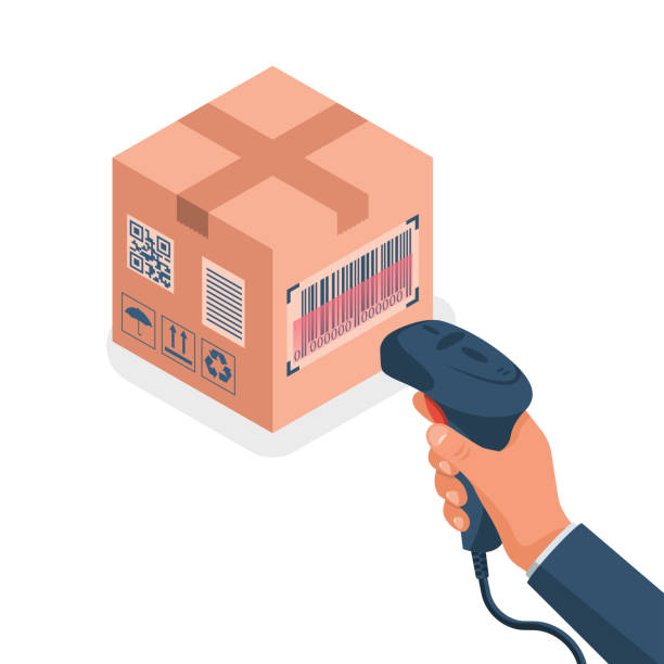 The operator holds a barcode scanner hand The operator holds a barcode scanner hand. Scanning Barcode on a cardboard box. Equipment for accounting of goods. Vector illustration isometric design. Product identification. 3d barcode stock illustrations