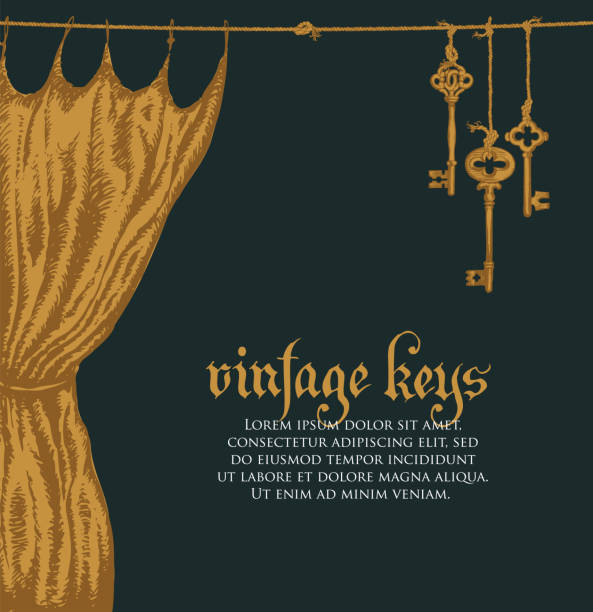 ilustrações de stock, clip art, desenhos animados e ícones de vintage banner with a golden curtain and old keys - ropes backstage theater