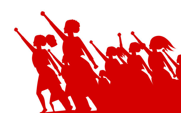 istock Feminist woman activist leading a crowd of people struggles for rights vector illustration isolated, social justice warriors, girl power. 1306203387