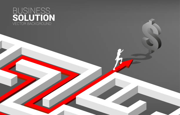 istock Silhouette of Businessman running on route path to exit the maze to dollar icon. 1306203764