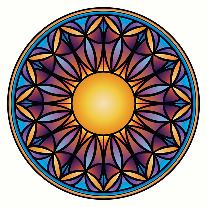 Gothic and ethnic bright circular ornament. Christian traditional image. Happy Easter. Indian mandala. Blue, yellow, orange and purple shades.