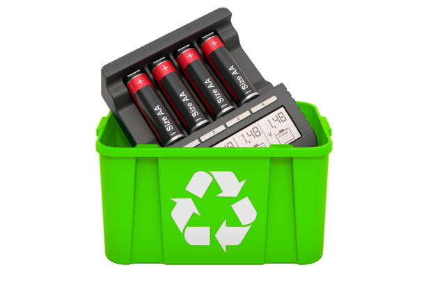 istock Recycling trashcan with battery charger, 3D rendering isolated on white background 1306205364
