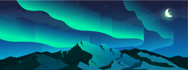 Aurora borealis phenomenon flat color vector illustration Aurora borealis phenomenon flat color vector illustration. Northern lights in sky and snowy mountain 2D cartoon night winter landscape with crescent moon and starry sky on background alaska northern lights stock illustrations