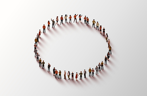 Large group of people in the shape of a circle on white background. People crowd concept. Vector illustration
