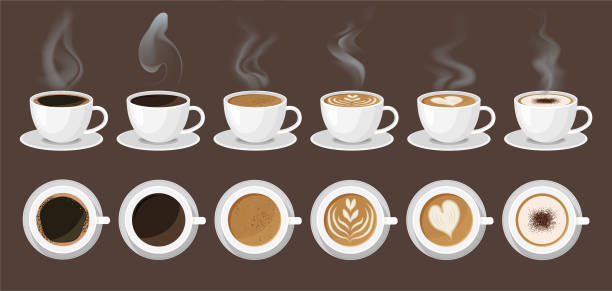 illustrazioni stock, clip art, cartoni animati e icone di tendenza di menu del caffè in tazze bianche con vapore caldo. - cappuccino