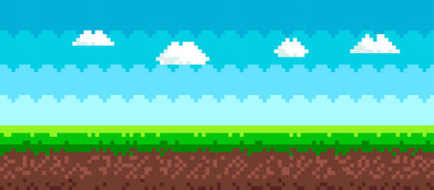 ilustrações de stock, clip art, desenhos animados e ícones de pixel art game background with sky, clouds, ground and grass. - cloud computer equipment technology pixelated