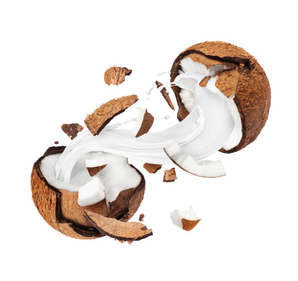 istock Coconut broken in the air into two halves with milk splashes, isolated on a white background 1306208031