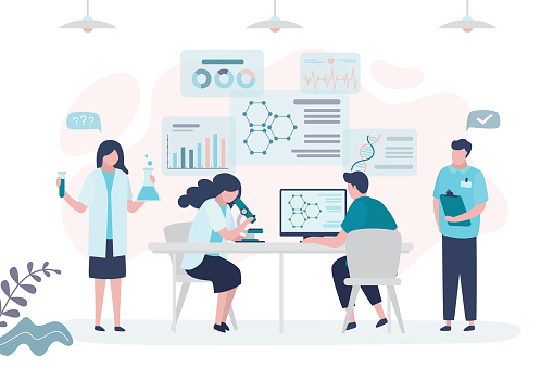 Group of scientists conducting pharmaceutical research. Team of pharmacists doing research in medical laboratory. Medics developing new drug. Concept of microbiology, pharmaceutics.Vector illustration