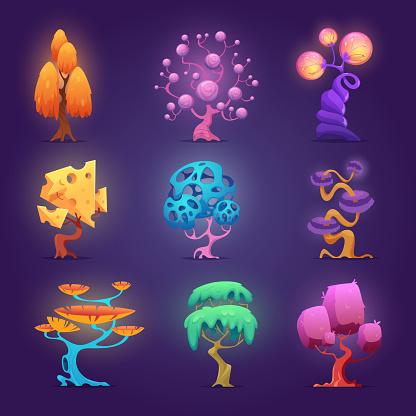 Fairytale plants. Magic tree glowing effects fantasy gardening symbols collection exact vector fairytale illustrations set. Magic fairy, fairytale fantasy