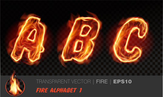 Alphabet of fire. Transparent realistic vector on dark background. Fiery font with light effect for your text.