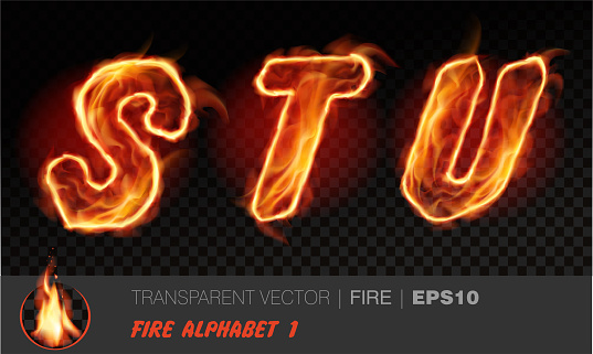 Alphabet of fire. Transparent realistic vector on dark background. Fiery font with light effect for your text.