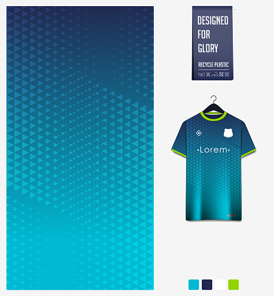 Soccer jersey pattern design. Geometric pattern on blue abstract background for soccer kit, football kit, bicycle, e-sport, basketball, t-shirt mockup template. Fabric pattern. Sport background. Vector Illustration.