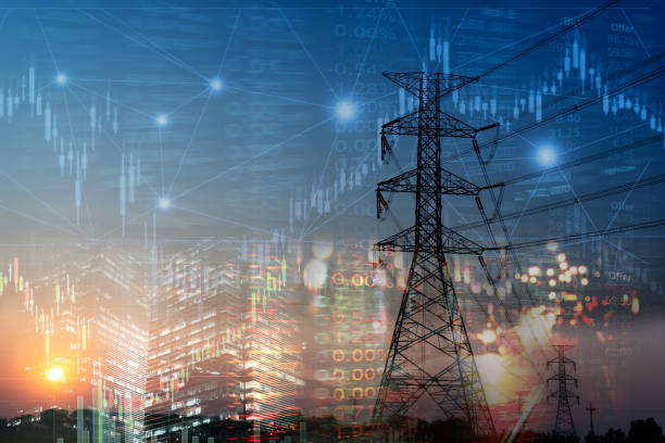 시장 주식 그래프 및 도시 빛, 전기 및 에너지 시설 산업 및 비즈니스 배경과 정보 - 활력 뉴스 사진 이미지
