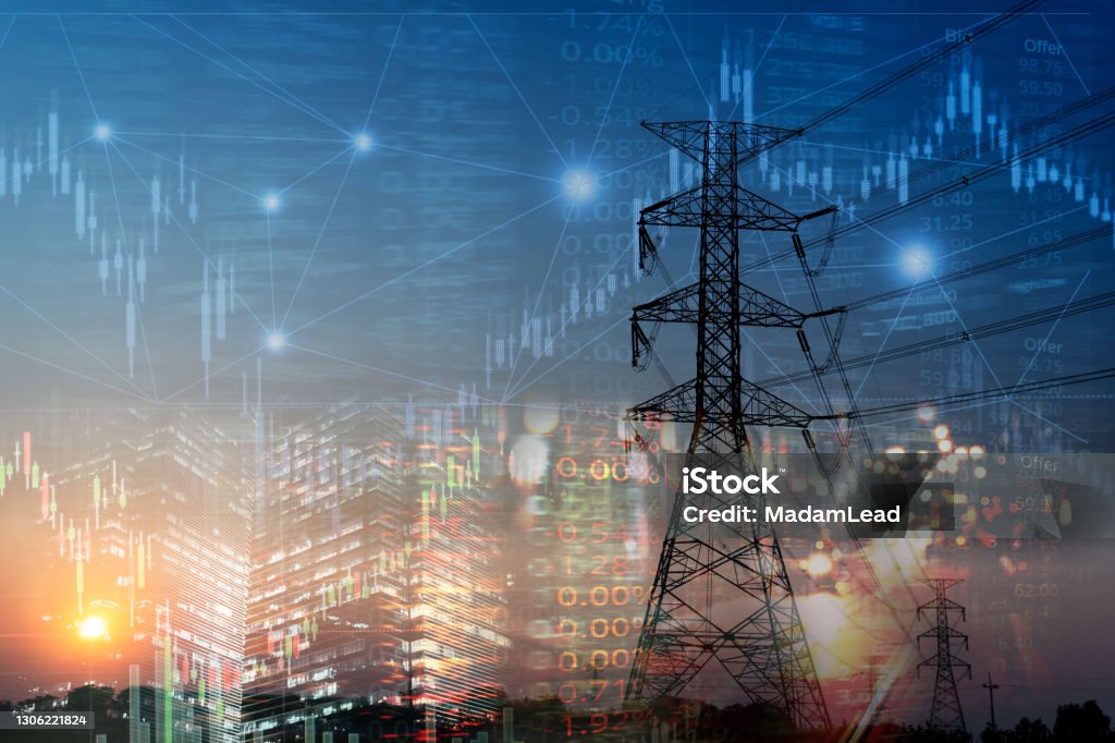 market stock graph and information with city light and electricity and energy facility industry and business background market stock graph and index information with city light and electricity and energy facility industry and business background Fuel and Power Generation Stock Photo