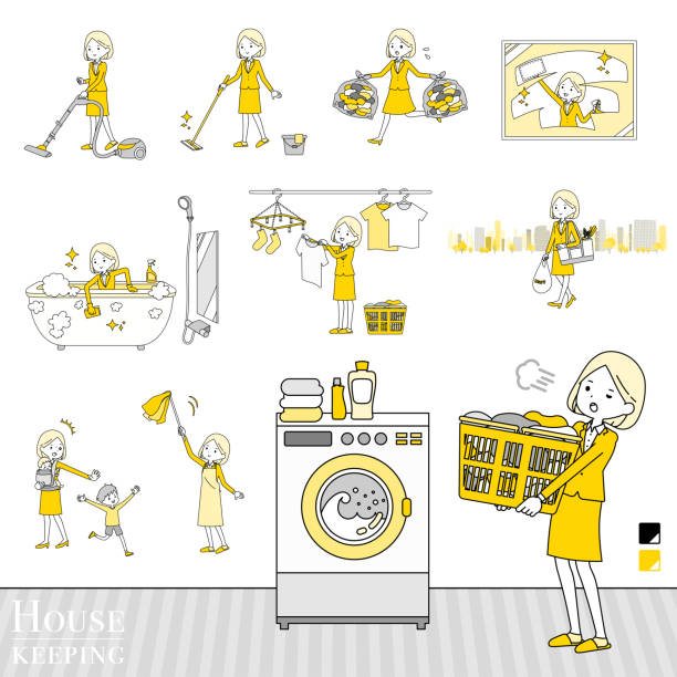 illustrazioni stock, clip art, cartoni animati e icone di tendenza di abito 2tone business women_housekeeping - vacuum cleaner illustrations