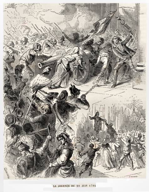 French Revolution scenes of citizen protests and rebellion against the French government leaders on June 20, 1792, 18th Century French history. Illustration published in Cent Recits: D’Histoire De France by Gustave DuCourdray (Librairie Hachette, Paris) in 1887.