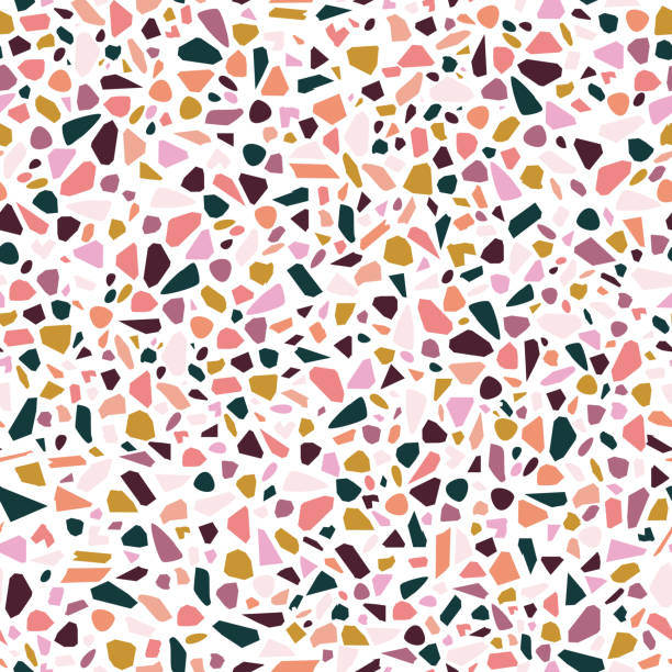 Colorful Italian Terrazzo Seamless Vector Pattern This colorful Italian terrazzo seamless vector pattern background is perfect for fabric, digital paper and backgrounds, wallpaper, scrapbooking, and wrapping paper. Retro colors of pinks, teal, and mustard yellow. pebble shapes stock illustrations