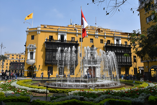 Lima, Peru - May 21, 2019: Plaza Perú, which is located on a corner of Plaza Mayor.