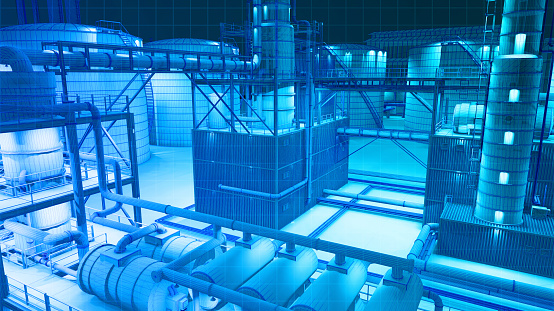 Blue theme digital wireframe scan view from infrarad camera view building scan in the dark in oil refinery factory building , 3D rendering for background composite.