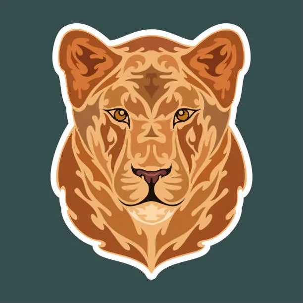 Vector illustration of Hand drawn abstract portrait of a lioness. Sticker. Vector stylized colorful illustration isolated on dark background.