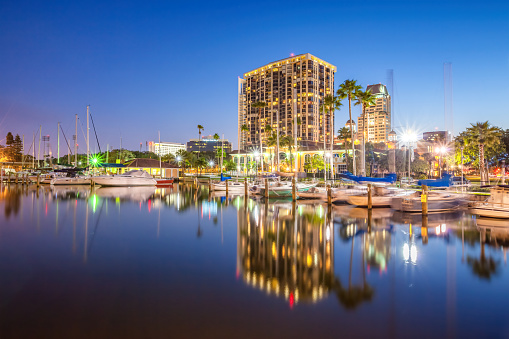 Downtown waterfront in St Petersburg Florida USA illuminated at night