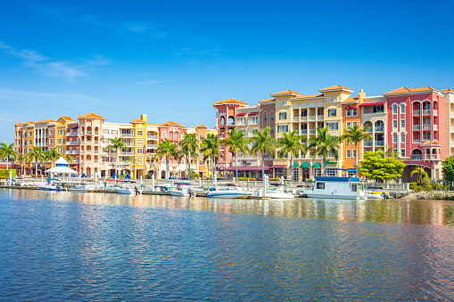 Condos and marina in Naples, Florida, USA on a sunny day