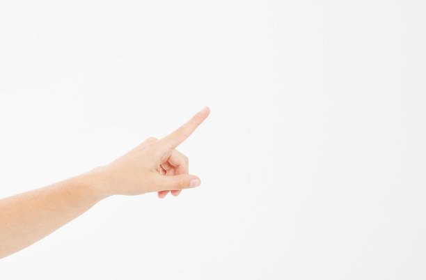 istock finger point isolated white background. caucasian hand. Mock up. Copy space. Template. Blank. 1306233820
