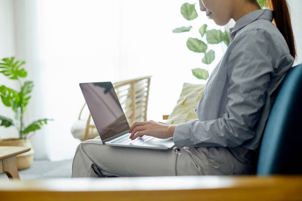istock Young woman using a computer in the living room 1306235507