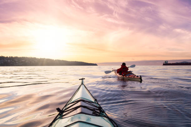 Adventurous Man Sea Kayaking in the Pacific Ocean. Adventurous Man Sea Kayaking in the Pacific Ocean. Dramatic Colorful Sky Art Render. Taken in Jericho, Vancouver, British Columbia, Canada. kayaking stock pictures, royalty-free photos & images