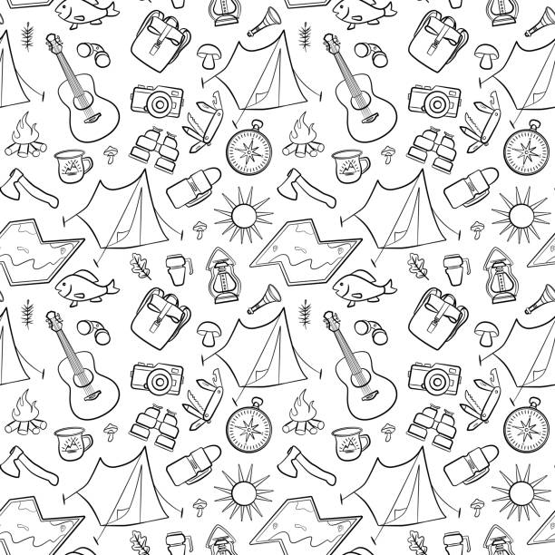 Hiking and camping seamless pattern with travel elements. Seamless pattern for design, posters, backgrounds Hiking, travel and camping theme. Tent, guitara, mug, map, camera, binoculars in line style Hiking and camping seamless pattern with travel elements. Seamless pattern for design, posters, backgrounds Hiking, travel and camping theme. Tent, guitara, mug, map, camera, binoculars in line style camping patterns stock illustrations