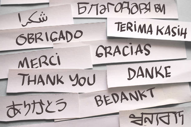 gracias en diferentes idiomas, tipografía de palabras de texto escritas en papel sobre fondo azul, vida e inspiración motivacional empresarial - thank you frase corta en inglés fotografías e imágenes de stock