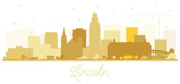 Vector illustration of Lincoln Nebraska City Skyline Silhouette with Golden Buildings Isolated on White.