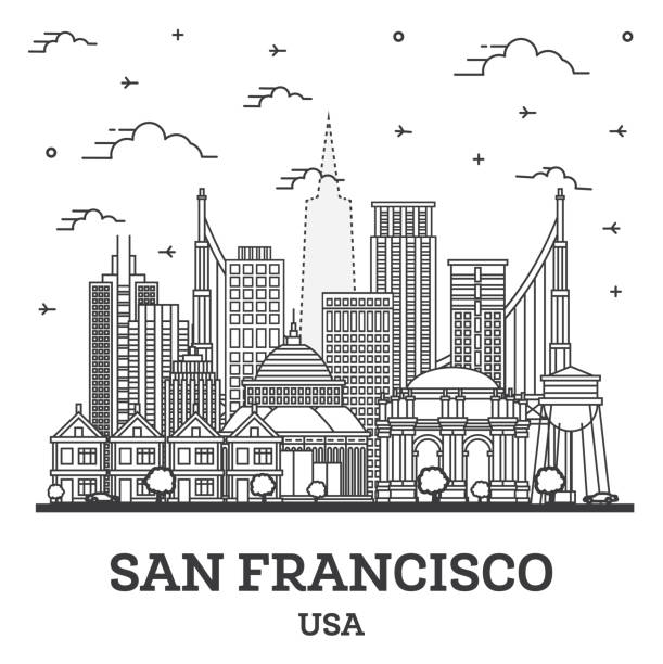 화이트에 고립 된 현대 건물샌프란시스코 캘리포니아 시티 스카이 라인을 윤곽. - cityscape san francisco county city office building stock illustrations