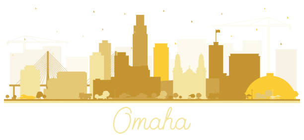 흰색에 고립 된 황금 건물오마하 네브라스카 시티 스카이 라인 실루엣. - omaha nebraska nebraska skyline building exterior stock illustrations