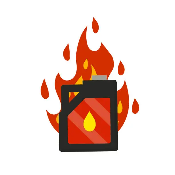 Vector illustration of Canister with fuel. Container with oil. Flammable object. Danger and fire. Dangerous flames. Flat cartoon icon illustration isolated on white background. Red gas tank
