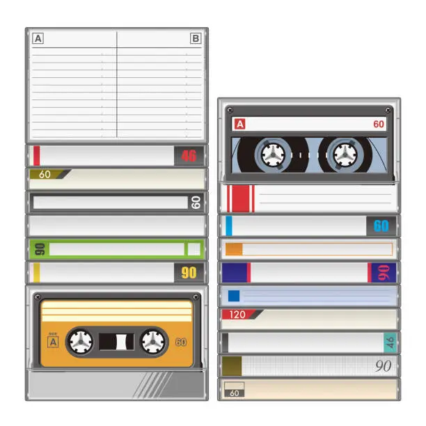 Vector illustration of Stack of audio cassette tapes in plastic boxes with index cards