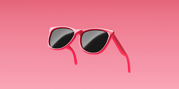 Gafas de sol de moda rosa y óptica de lente negra sobre fondo de objetos de verano con diseño accesorio moderno. Renderizado 3D. photo