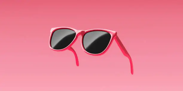Photo of Pink fashion sunglasses and black lens optic on summer object background with modern accessory design. 3D rendering.
