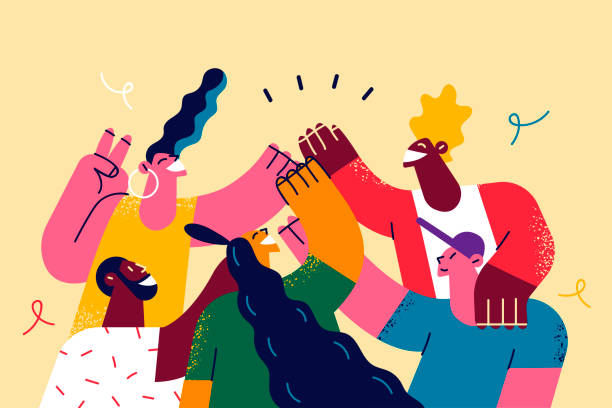 Celebrating International friendship day concept Celebrating International friendship day concept. Group of young positive people doing high five together, young generation celebrating social event holiday vector illustration friends laughing stock illustrations