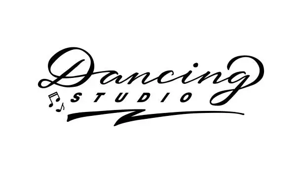 Vector illustration of Dancing studio black lettering with notes