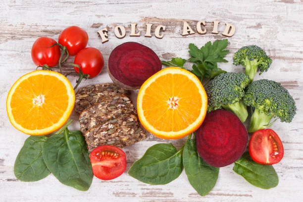 Healthy products as source folic acid, minerals, vitamin B9 and fiber, nutritious eating concept stock photo