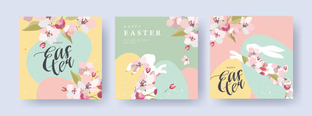illustrazioni stock, clip art, cartoni animati e icone di tendenza di buona pasqua set di striscioni, biglietti d'auguri, poster, copertine per le vacanze. design alla moda con tipografia, fiori di mela primaverile, punti, uova e coniglietto in colori pastello - auguri pasquali