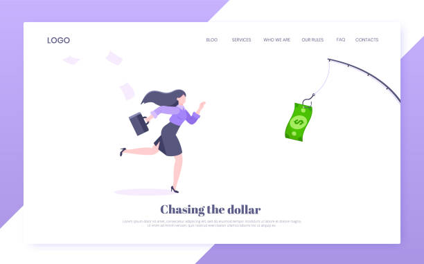ilustrações de stock, clip art, desenhos animados e ícones de money chase business concept with businesswoman running after dangling dollar and trying to catch it. - currency chasing dollar sign pursuit