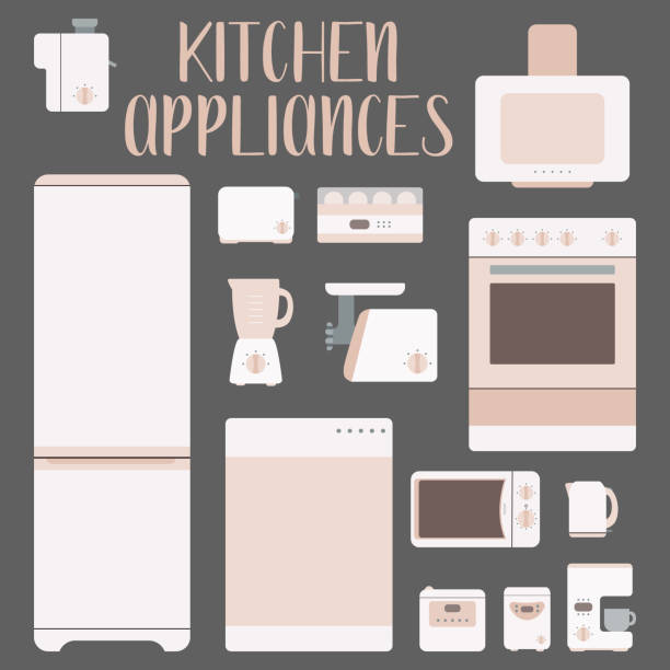 ilustrações de stock, clip art, desenhos animados e ícones de set of kitchen appliances. kitchen domestic electrical equipment. flat vector illustrations. isolated cooking icons. - studio equipment illustrations