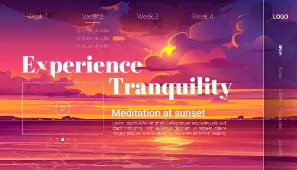 Vector illustration of Meditation at sunset cartoon landing page, yoga