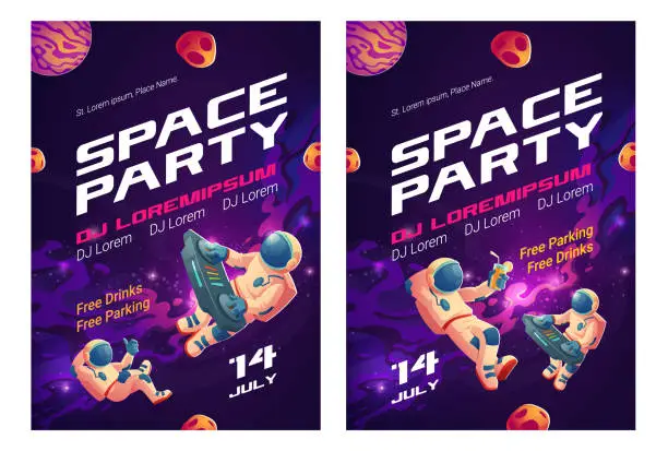 Vector illustration of Space party cartoon flyers, invite to music show