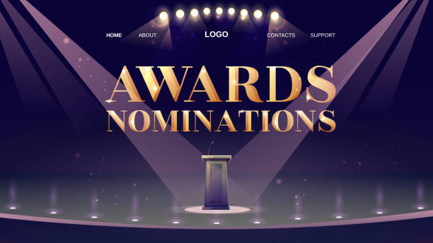 Award nomination cartoon landing page with tribune Award nominations cartoon landing page with tribune, microphone, glowing spotlights in conference hall, stage for presentation, empty scene interior. Announcement of ceremony event vector web banner internet fame stock illustrations