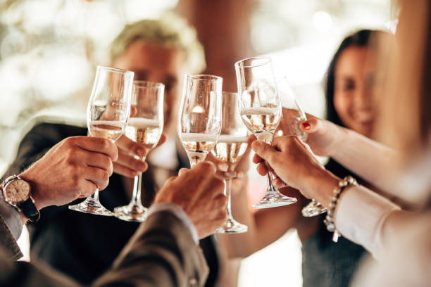 toasting at the party wedding - wedding champagne table wedding reception imagens e fotografias de stock