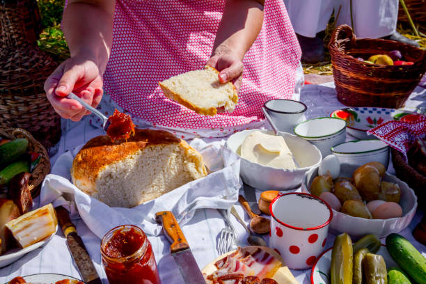 Woman is preparing breakfast in retro style, like in old times